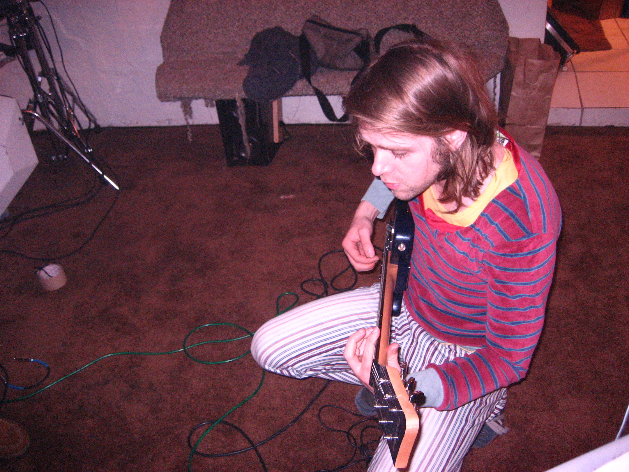 Ariel Pink plays a guitar.