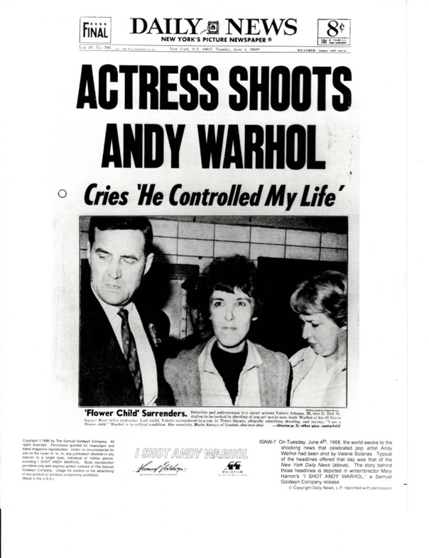 The cover of the Daily News with the headline "Actress Shoots Andy Warhol"