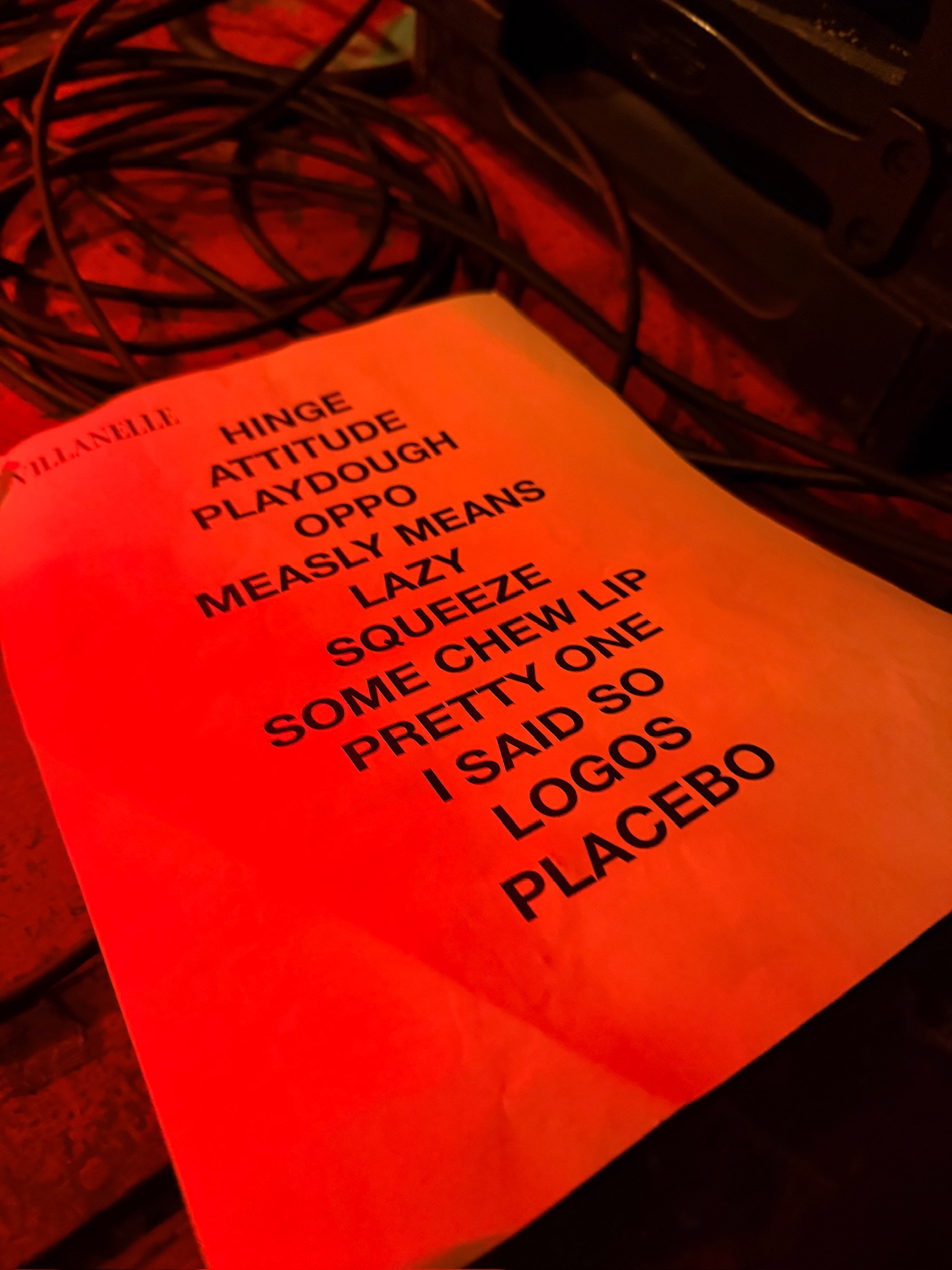 A printed-out sheet of the Villanelle setlist.