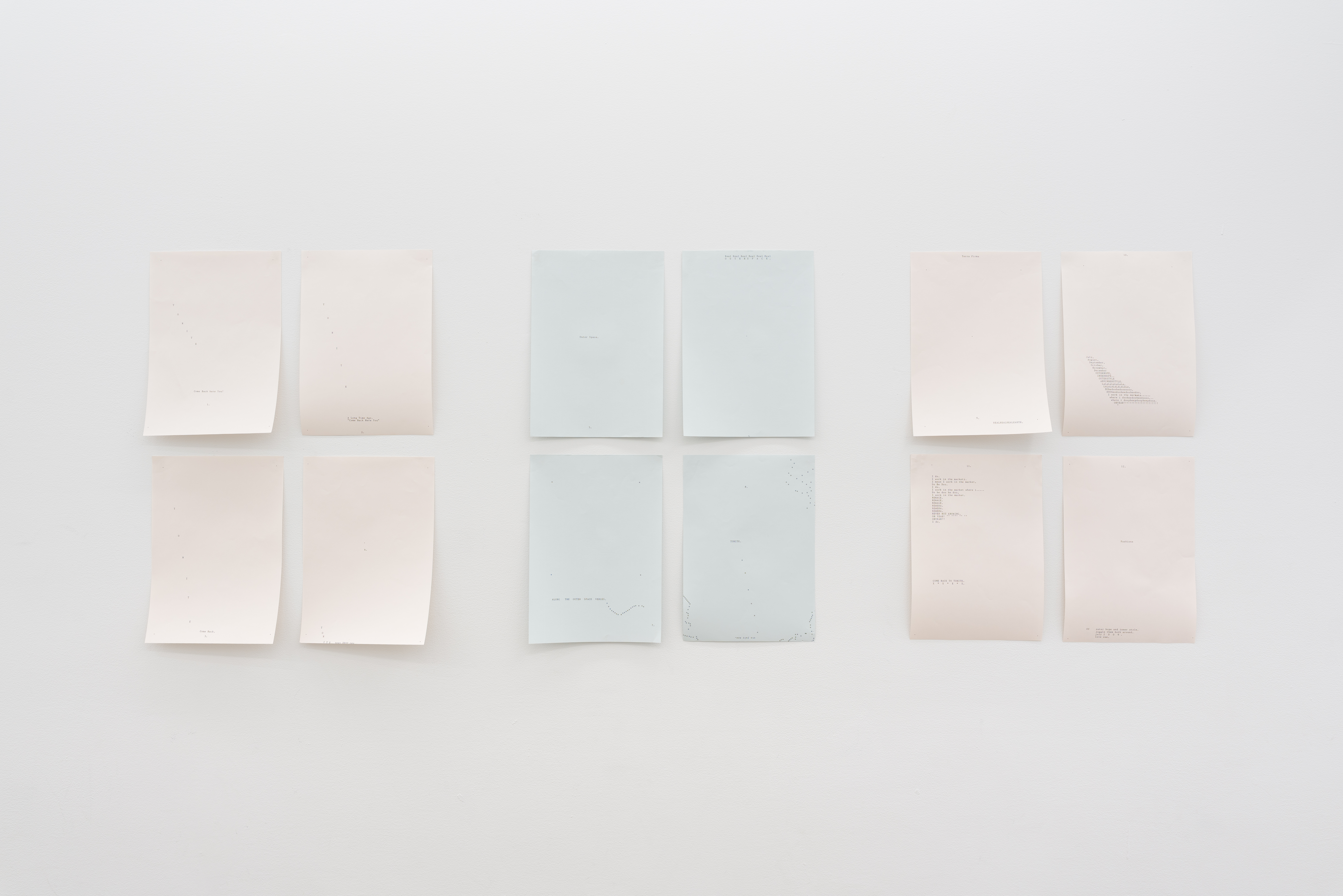 Fashions of Outer Hope and Inner Style (2009) by Sue Tompkins. Typewritten text on 12 small sheets of paper.